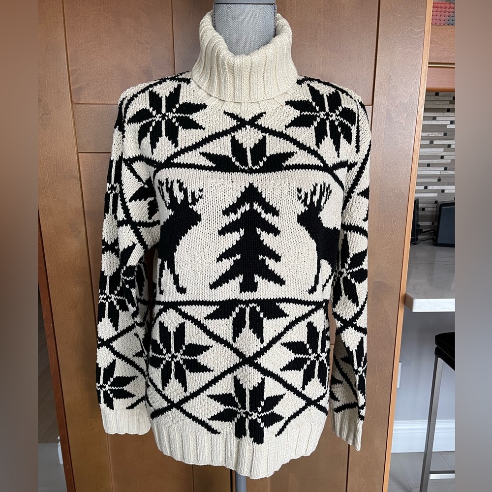 LAUREN RALPH LAUREN Handknit Cream & Black Silk/Cotton Festive Sweater, Small